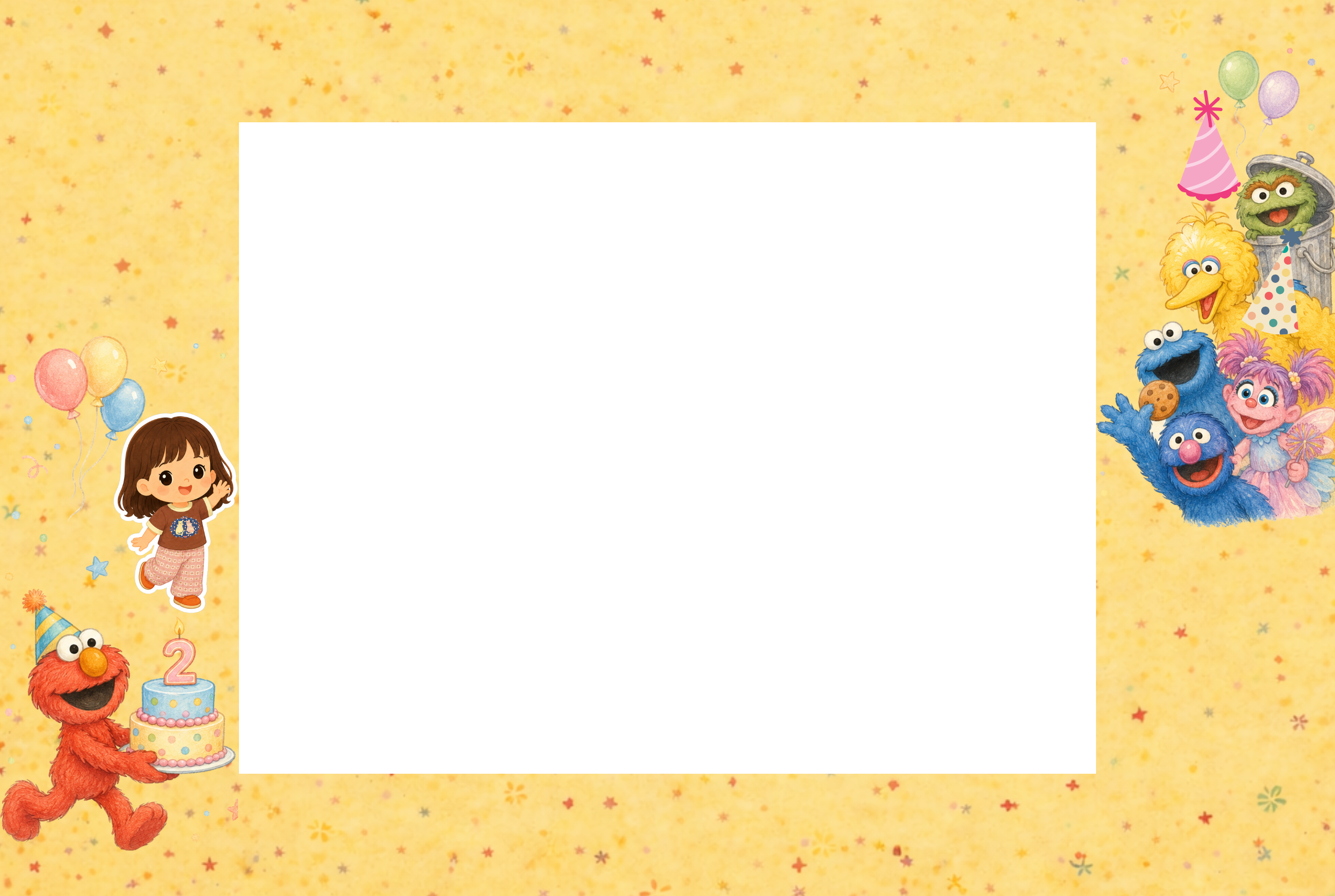 Yellow birthday photo frame with balloons, a birthday cake and Sesame Street characters