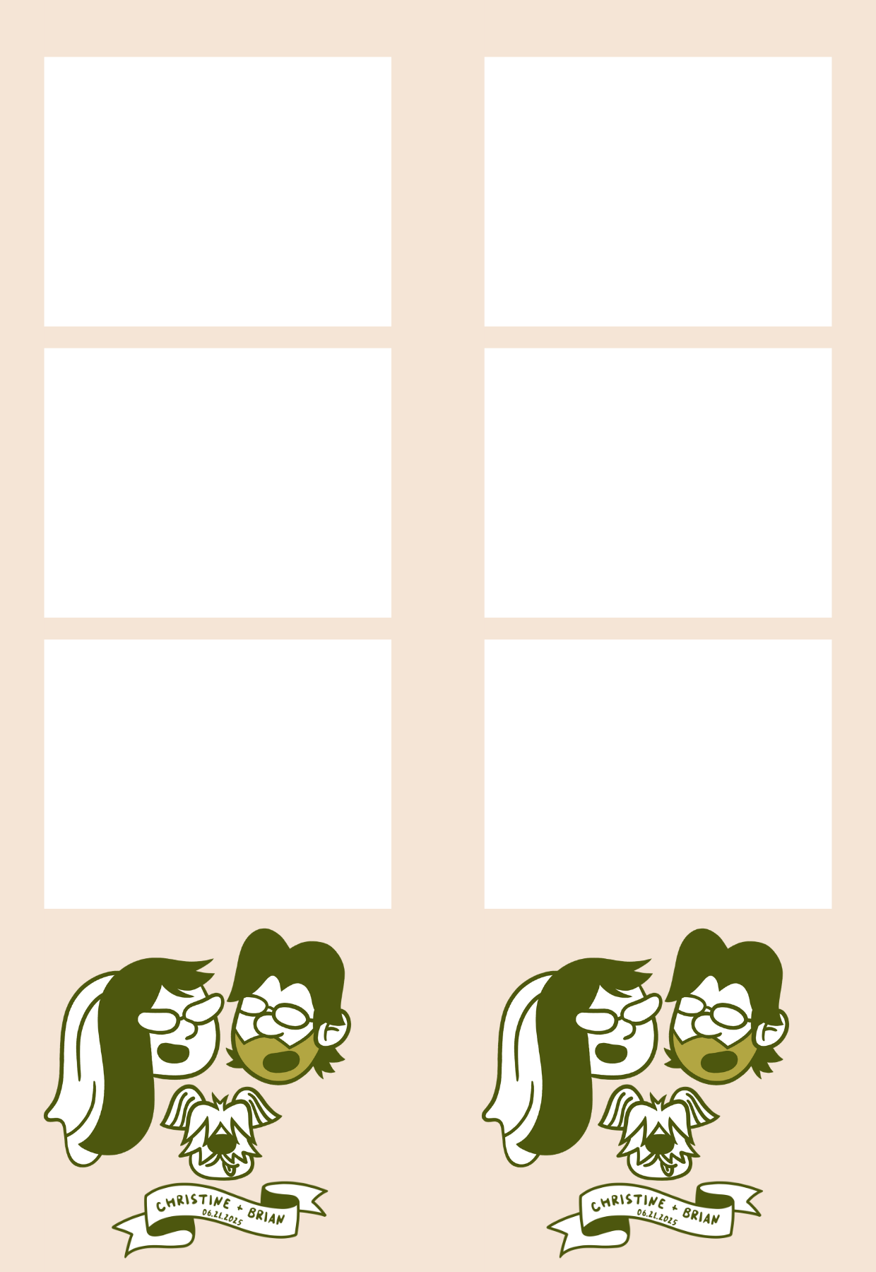 Christine and Brian’s personalized wedding photo strip template with illustrated couple and dog