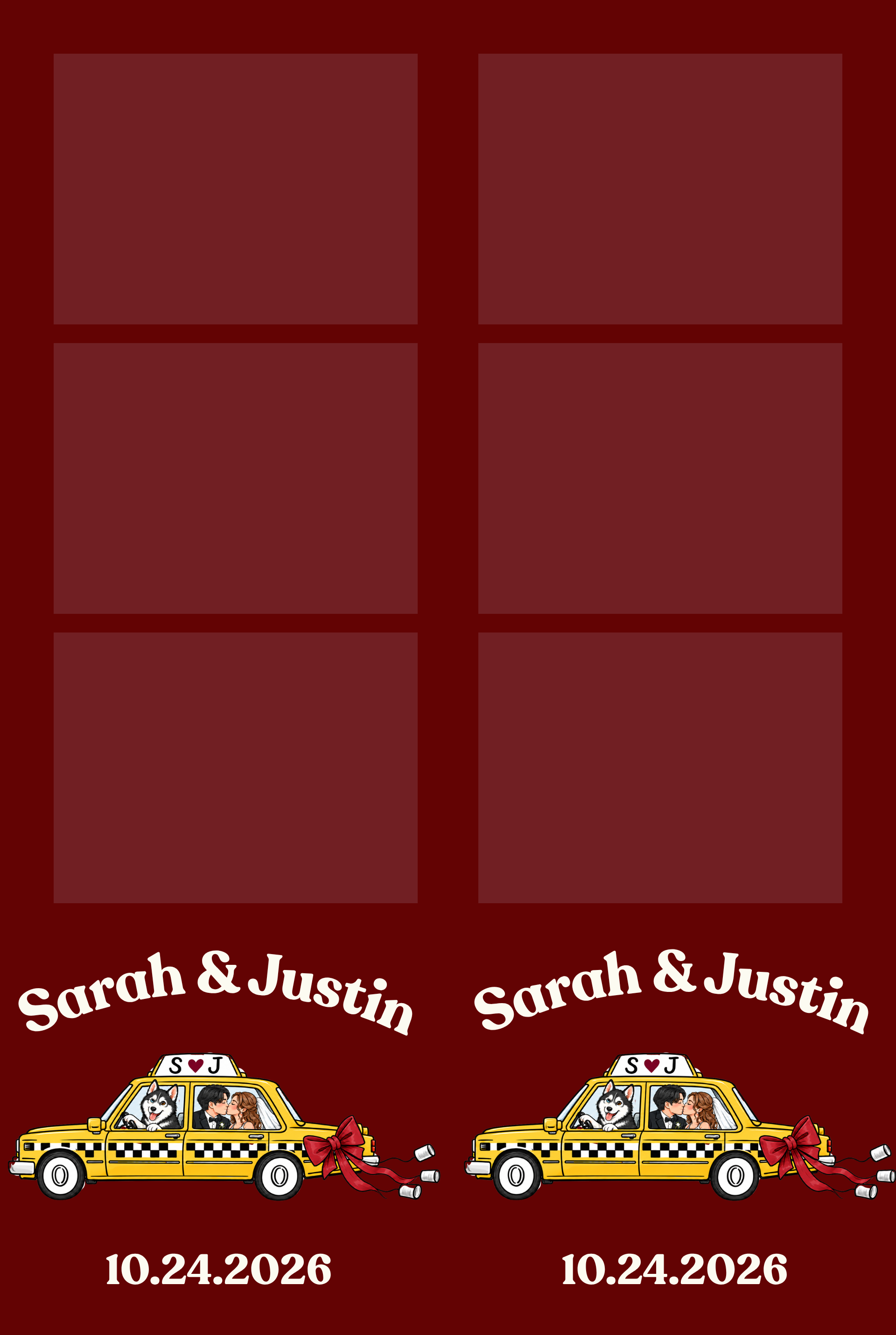 Burgundy wedding photo strips for Sarah and Justin with a yellow New York taxi illustration
