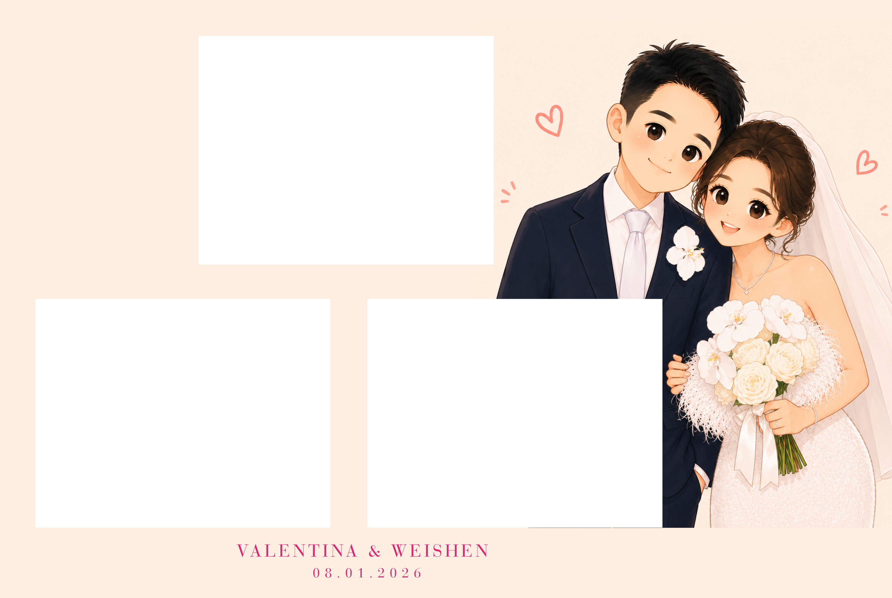 Valentina and Weishen’s personalized wedding photo template with an illustrated bride and groom