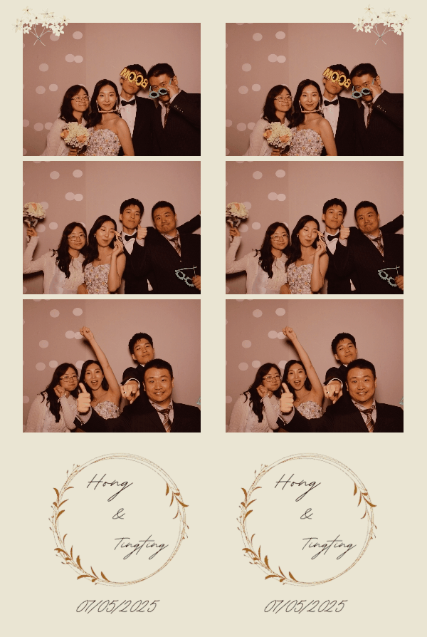 Photo booth strip with three pictures of four people celebrating a wedding. The group poses in front of a pink background with decorative snowflake designs. They are dressed in formal attire, and two of the photos include props such as glasses and a 