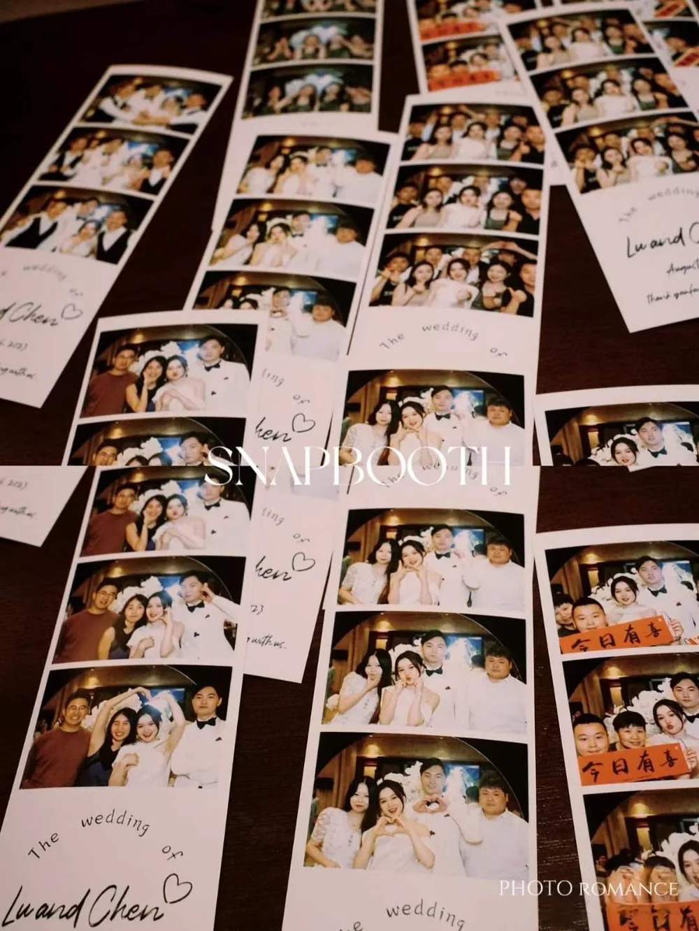 Photo booth strips featuring wedding photos of a bride and groom, with group shots and playful poses, some with handwritten messages in different languages.