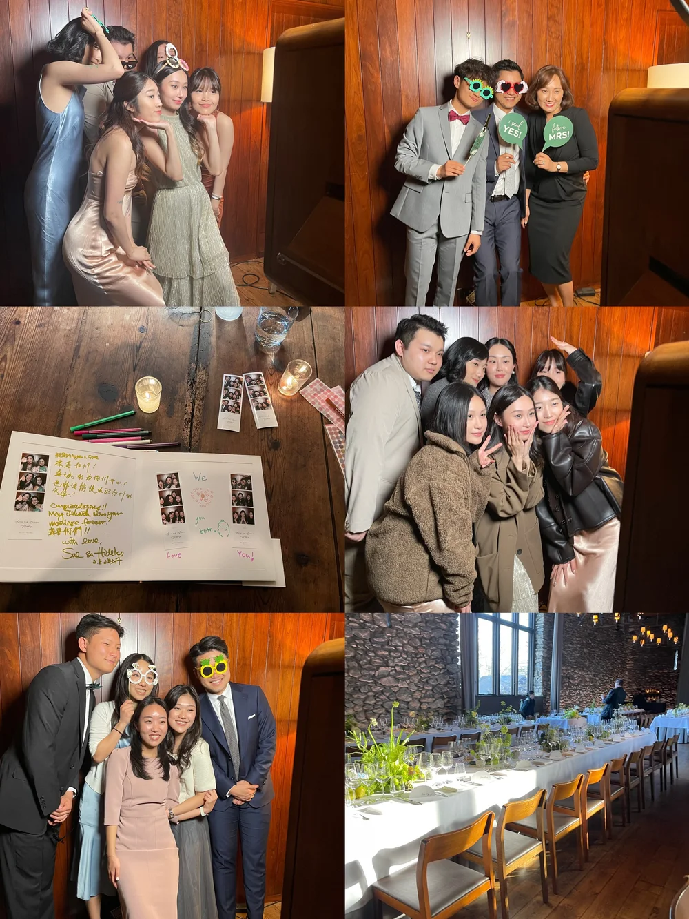 Group of people at a celebration event, some wearing fun glasses and holding props, posing for photos in a wooden-paneled room with a decorated table and a banquet setup.
