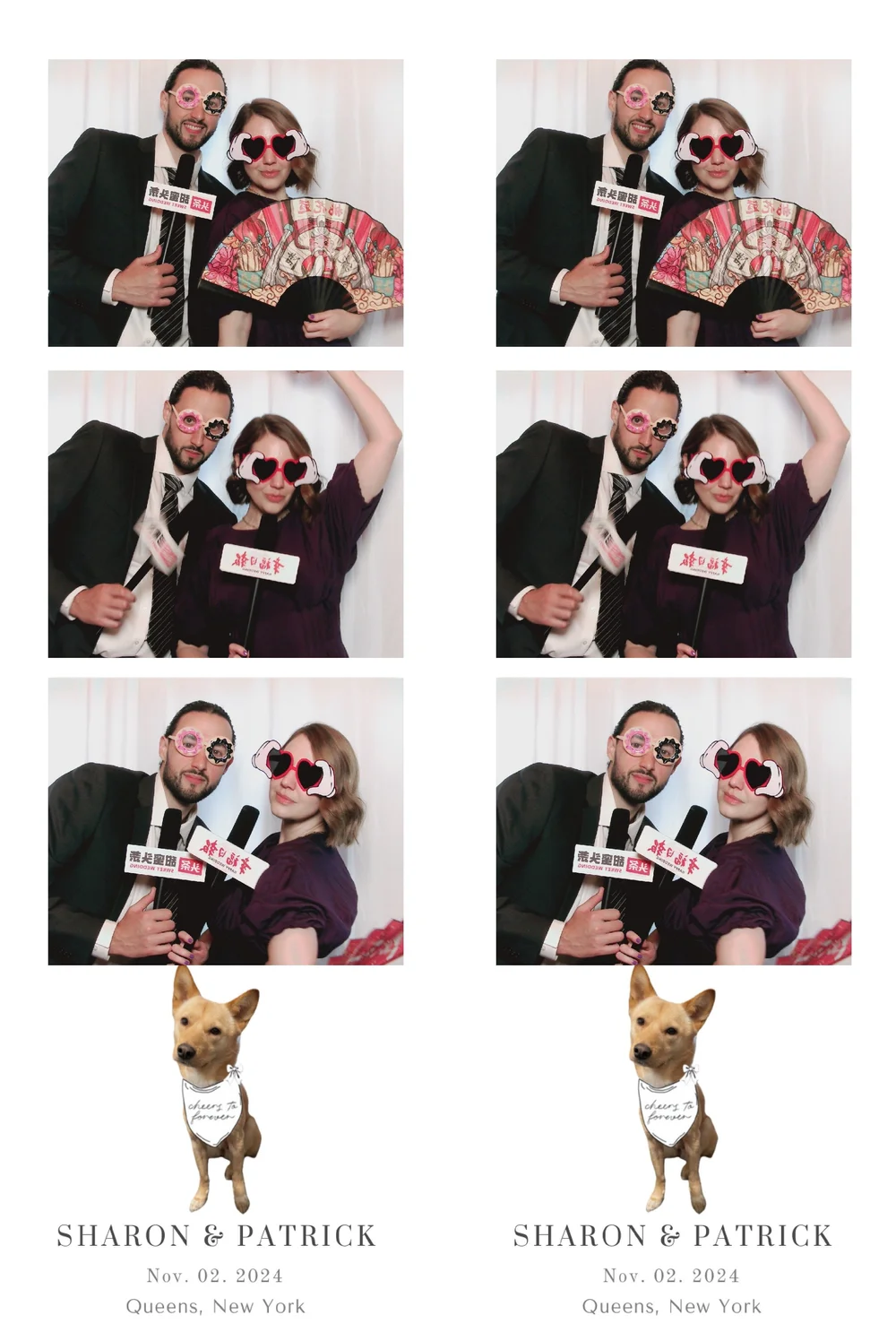 Photo booth strip from a wedding with four photos of a man and woman wearing fun glasses and holding signs, and a cartoon dog at the bottom with text 'Cheers to forever'. The wedding is between Sharon and Patrick, held on November 2, 2024, in Queens,