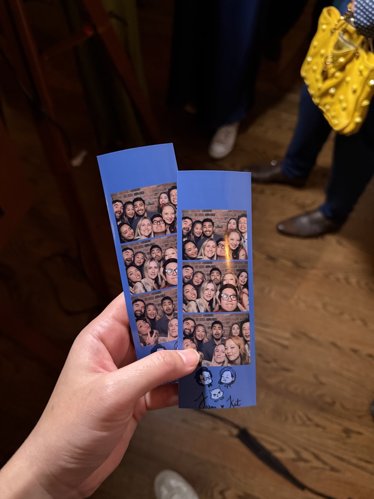 Two blue photo strips showing friends posing together