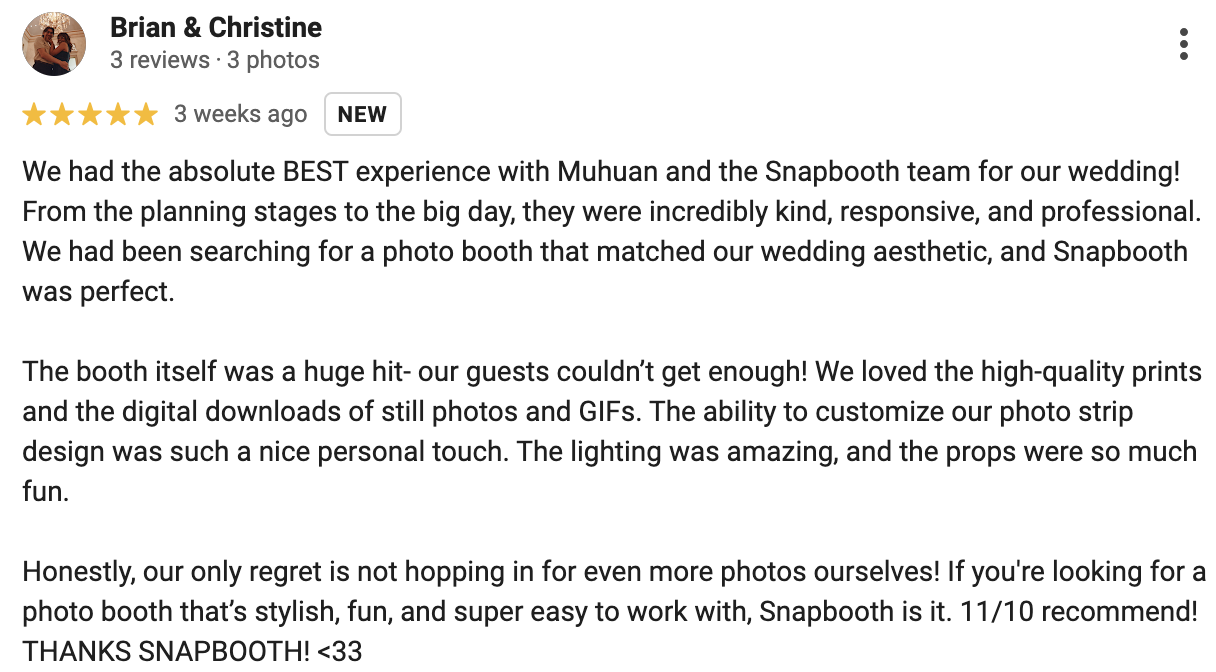 Google review shared on Snapbooth’s website by Brian and Christine